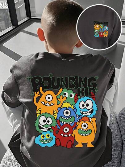 Cartoon Graphic Print Crew Neck Casual Short Sleeve T-Shirt For Boys