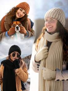 Winter Hat Long Scarf Touchscreen Gloves Set Thermal Lined Warm Knit Beanie For Wo Women Clothing Winter Valentines Gift - Three-piece Set (without Ball) - View 3