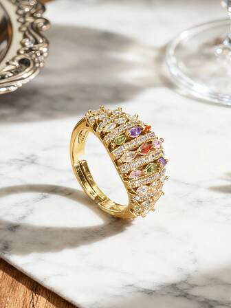 1pc Adjustable Colored Zirconia Geometric Plated Gold Ring, Fashionable Luxury Accessory Suitable For Women's Daily Wear, Wedding, Party, Travel, And As Eid Al-Fitr/Eid Al-Adha Gift