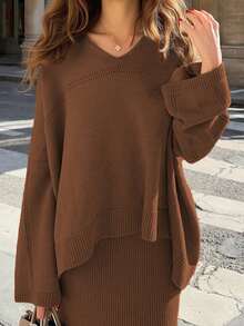 Knit Mix Elegant Women's Chic Knitted Sweater Set, Casual Loose-Fitting Long Sleeve Top & Skirt Two Pieces, Perfect For Fall Winter Fashion,Suitable For Christmas, Thanksgiving, And New Year