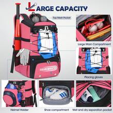 Baseball Bag For Youth & Adult Lightweight Softball Bat Bag With Shoe Compartment, External Helmet Holder And Fence Hook Waterproof Baseball Backpack Hold T-Ball, Bat And Softball Equipment - 粉色 - 查看 7