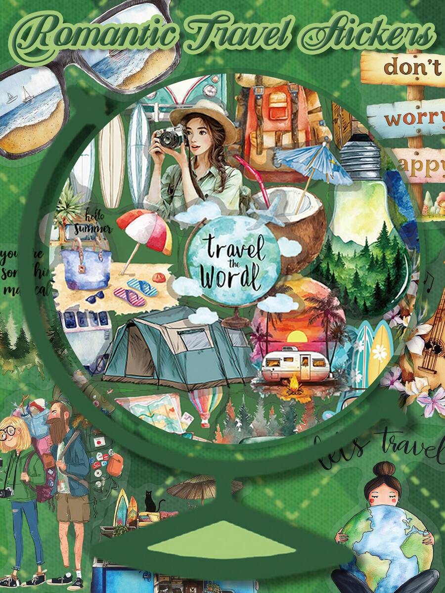 50 pezzi Adesivi da viaggio romantici, in materiale PET, carini e divertenti con disegni di globi e foreste, perfetti per decorare album di ritagli, bottiglie d'acqua, laptop, valigie per feste, scrivanie e regali per le vacanze - Multicolore - Visualizzare 1