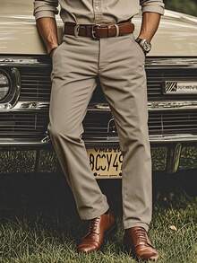 男士秋季西装裤，时尚休闲直筒裤，宽松简约风格，纯色抗皱直筒裤 - 米色 - 查看 8