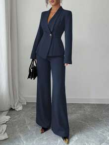 Women's Casual Elegant Solid Color Pocketless Green Collar Long-Sleeved Jacket Top And Simple Wide-Leg Pants Two-Piece Set - Navy Blue - View 4