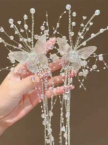 水晶蝴蝶流苏发夹，完美适用于新娘盘发、节日拍照或作为优雅的头饰。情人节配饰