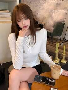 女士蝴蝶结修身针织长袖T恤，秋季款 - 白色 - 查看 3