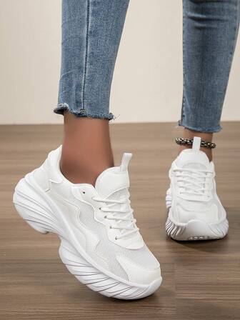 女士圆头系带厚底休闲鞋，百搭时尚厚底运动鞋