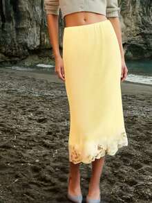 Womens Satin Midi Skirt Stylish Elegant Solid Color Lace Trim Slim Fit Mid Rise Skirt - Yellow - View 4