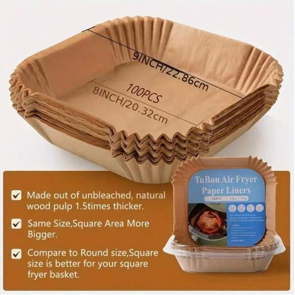 100 9-Inch Square Air Fryer Parchment Liners - Natural Unbleached Wood Parchment, Suitable For 5-8 Quart Air Fryers, Non Stick, Suitable For Christmas, Halloween, Easter, Thanksgiving