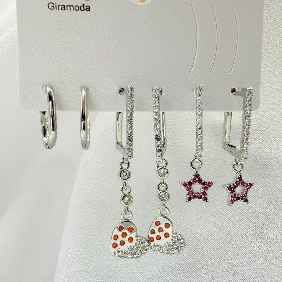 Necklace With 3 Pairs Of Women's Earrings Plated In 18K Gold And 925 Silver With Heart Design, Hoop And Colorful Cubic Zirconia - Modern And Elegant Style - B129. - Xem 1