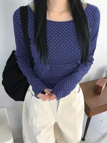 Nora Noon 女士休闲印花长袖针织T恤，适合圣诞节、派对、生日和节假日穿着 - 藏蓝色 - 查看 6