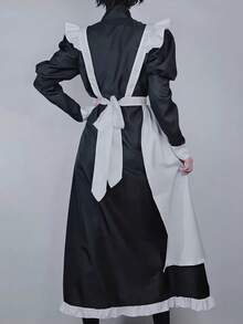 中性の風格の男のメイドの服-フリルの長い款のエプロン、甘いクールな風の黒のタートルネックのシャツとレースのエプロン机は洗濯することができて、適して、テーマのパーティー、アニメの展示会に着て着て、エプロン、精致の裁縫、構造は設計を製造して、男のメイドの服の大きいサイズのコスプレ女装男のカフェの実体の店の招待員の制服です - ブラック&ホワイト - チェックする 10