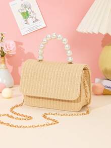 1 pieza Bolso de mano con textura de paja falsa de unicolor con perlas, bolso cruzado con cadena de metal, adecuado para salidas, regalo de cumpleaños, regalo de vacaciones