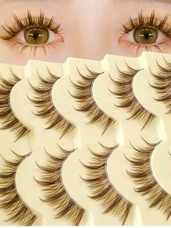 5 Pairs Of Doll Style Brown Natural False Eyelashes Anime Lashes - Clear Band Manga Eyelashes, Brown Lash Extension, Comic Fairy Design, Perfect For Role-Playing
