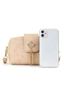 Fashionable Embossed Crown Tassel Crossbody Bag - Khaki - View 4