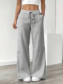 Women's White & Gray Vertical Striped Straight-Leg Pants - Lightweight Polyester Trousers With Drawstring Waist & Side Pockets, All-Season Casual To Dressy Wear, Smooth Texture Long Pants (No Belt) For Office, Semi-Formal & Everyday Outfits Women's Winter Clothing Of Women's Winter Clothing Women's Winter Fashion Women's Winter Promotion Of Women's Winter Clothing - 灰色 - 查看 5