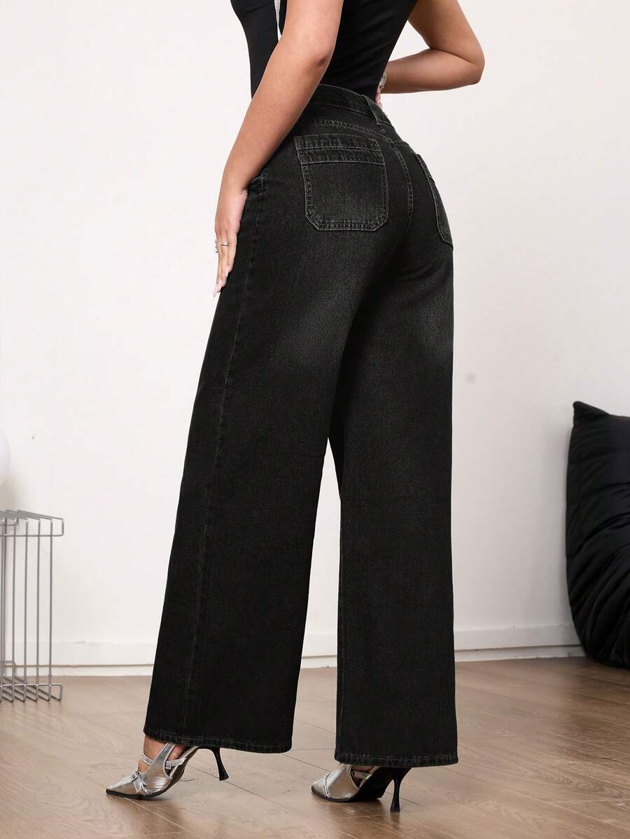 Quần jeans nữ ống rộng cạp trung kiểu vintage - Không co giãn, thanh lịch, thích hợp mặc thường ngày. - màu đen - Xem 1