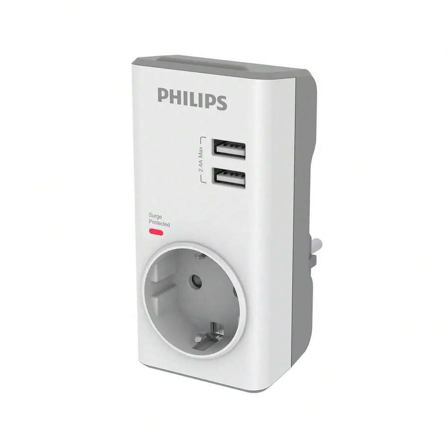 Philips CHP4010W/10 Steckdosenadapter mit integriertem USB-Ladegerät, 2 USB-Anschlüsse (2,4A max), 1 Stromanschluss, LED-Stromanzeige, Überspannungsschutz, Farbe Weiß, ideal für Reisen und Büro - Weiss - Übersicht 1