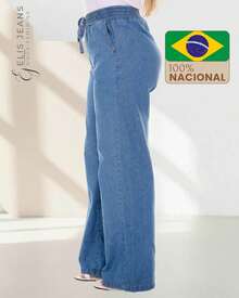 Women's Wide-Leg Jeans, Lightweight Fabric, Elastic Waistband - Rửa trung bình - Xem 2