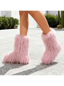 Snow Boots For Women 2025 Furry Boots Winter Knee High Flat Heel Fluffy Faux Fur Boots FURRI-1 - 粉色 - 查看 7