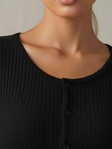 Cárdigan con botones para mujer, cuello redondo, acanalado de punto ajustado - Negro - Ver 3
