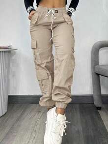 Quần cargo nữ thời trang Y2K, quần thể thao dáng rộng, phù hợp cho mùa thu, hoạt động ngoài trời, Halloween, công sở, thường ngày, phong cách đường phố, nhiều túi, eo co giãn, sân bay, tựu trường, bán chạy mùa xuân - Màu Khaki - Xem 6