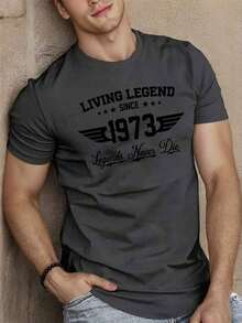 populares de la nueva temporada 2026 Manfinity Homme Men's Letter Print Round Neck Short Sleeve Casual Slim Fit T-Shirt - Gris 3 - Ver 1