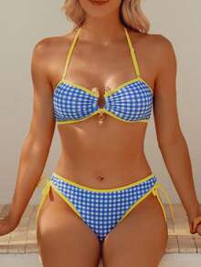 wohenmeili Plaid Print Contrast Trim Halter Neck Bikini Set Vacation - Light Blue Checkered White With Yellow Trim - View 4