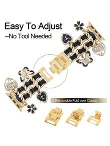 [Jewelry Bracelet Watch Band] Charming Pendant Synthetic Leather & Stainless Steel Watch Band Compatible With Apple Watch 38/40/41/42/44/45/46/49mm (Ultra 3/2/1 Series 1-10 & SE), Galaxy Watch7/6/5/4 (40/44mm), Watch 4 Classic (42/46mm), Watch 3 (41mm), Active 2, Gear S2 Classic - Folding Buckle - Gift Idea, Decorative Accessory, Suitable For Birthday, Party, Daily Wear - Multicolor - View 5