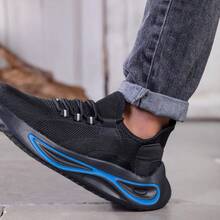 Zapatos con punta de acero, de unicolor, estilo cargo con cordones, versión brillante, zapatos de , para exteriores, para todas las estaciones, zapatos para sitios de construcción, anti-perforación, anti-aplastamiento, unisex - Negro - Ver 17