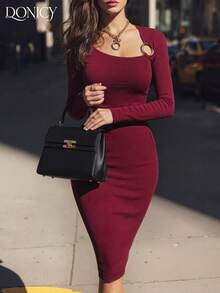 DONICY Rochie elegantă de damă, rochie midi cu mânecă lungă, mulată, cu decor metalic, de primăvară/vară, culoare solidă, rochie vintage elegantă pentru naveta, pentru petrecere cocktail roșie, întâlnire, cumpărături, afaceri, carnaval, Ziua Îndrăgostiților - roșu - Vizualizare 4