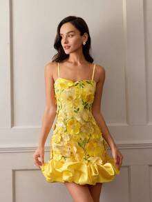 Women's Elegant 3D Applique Embroidery Slip Dress, Fabric Splicing, Floral, Backless Design, Suitable For Valentine's Day, Spring And Summer