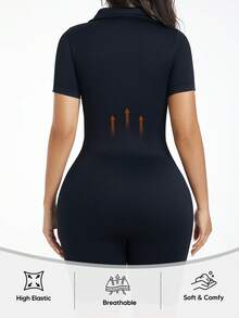 Women's Ribbed Knit Shapewear Jumpsuit, Short Sleeve, Tummy Control, Button Closure, Cropped Jumpsuit - Black - View 5