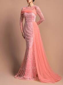 女士优雅长袖圆领串珠长款晚礼服 - 珍珠点缀领口，不对称雪纺垂褶和修身鱼尾裙摆 | 完美适用于正式派对、盛会和婚礼 | 搭配璀璨珠宝和细带高跟鞋 - 珊瑚橙 - 查看 1