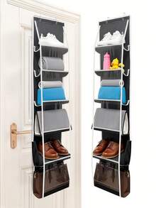 1个6口袋收纳挂袋，壁挂式透明PVC钱包收纳架，节省空间防尘门袋，适用于钱包、鞋子和配饰。