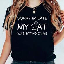 Sorry I'm Late My Was Sitting On Me Funny Pet Shirt Casual Printed Cotton Women Shirt, Summer Tshirts Short Sleeve Graphic Tee Women Tops220g High-Quality Pure Cotton T-Shirt With Minimalist Printing, Soft And Breathable Fabric, Comfortable And Loose, Suitable For All Day Wear, Suitable For Office Casual Wear, Spring And Summer Daily Appearance, Elegant And Youthful Design Ropa De Hombre - 黑色 - 查看 6