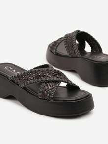 Boho Woven Platform Sandals Women Summer Casual Beach Slides - Black - View 6