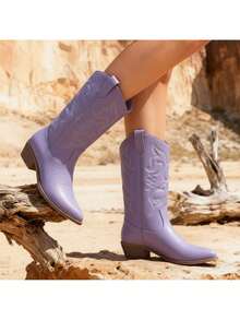 Lurnyet Cowboy Boots For Women Cowgirl Western Boots Fashion Embroidery Stitched Chunky Heel Mid Calf Boots WACOW-2 - 薰衣草 - 查看 9
