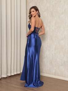 Elegant And Sexy Strapless Maxi Party Dress With Side Slit And Back Tie. Ideal For Bridesmaids/Smart Casual Attire/Wedding Guests/Graduates/Formal Occasions. - 藍色 - 查看 3