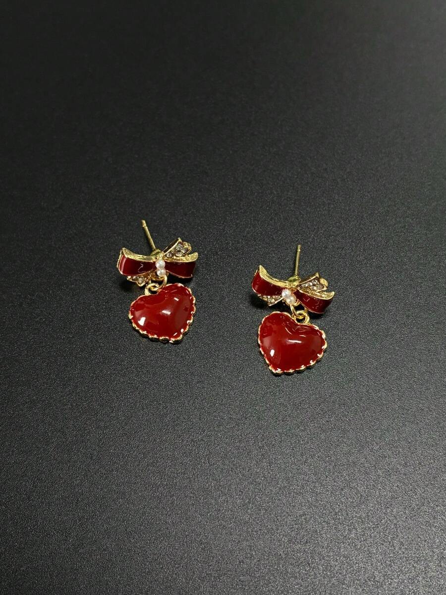 1 Pair Bow & Heart Design Stud Earrings For Women, Unique Small Earring Jewelry - Red - View 1
