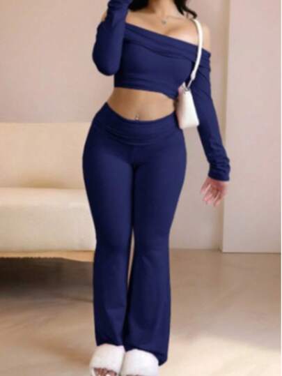 Conjunto cropped tomara que caia manga longa transpassado com calça lisa tecido suplex ambos academia confortavel