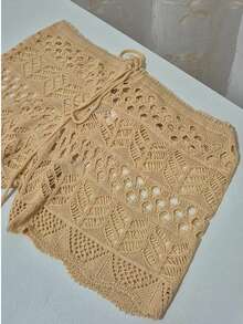 Women's Short Beach Cover-Up In Openwork Knit With Drawstring - Summer Fashion, Lightweight And Comfortable, Simple, For Vacation, And The Beach. - Beige - View 2