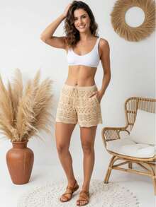 Women's Short Beach Cover-Up In Openwork Knit With Drawstring - Summer Fashion, Lightweight And Comfortable, Simple, For Vacation, And The Beach. - Beige - View 3