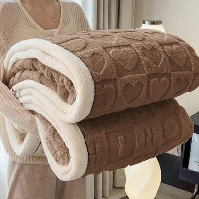 1件加厚边波西米亚风心形字母格子图案毯，提花仿羊羔毛柔软保暖多用途毯，适用于客厅、卧室、宿舍、家具装饰、沙发、午睡，情人节礼物