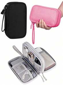 1pc/Set Double Layer Digital Accessories Storage Bag, Multi-Functional Organizer Pouch, Nylon Multi-Pocket Handbag Organizer, Mesh Design, Large Capacity, Dual Zipper Big Bag, Waterproof Portable Electronics Organizer Bag