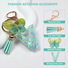 JINGUAZI Initial Letter Keychains For Women Tassel Butterfly Pink Purple Cute Car Keychain For Wallet Backpack Bag Charm{Inchcolor_nameinch:InchV-Greeninch} - V-綠 - 查看 4