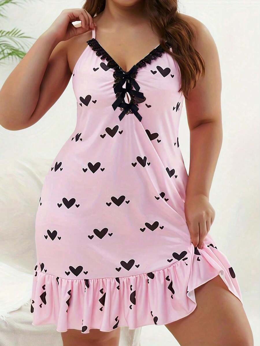 1PC Sexy Lingerie Chic Plus Size Sexy Nightgown - Heart Print, Lace Ruffle Trim And Bow Neckline - Comfortable Women's V-Neck Pajamas - Pink - View 1