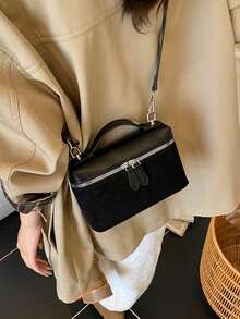 Dedoo 1 chiếc túi đeo chéo vuông bằng da PU màu trơn vân vải, ví nhỏ dành cho nữ, phù hợp để phối đồ hàng ngày, túi xách nữ màu vàng kem thời trang. - màu đen - Xem 4