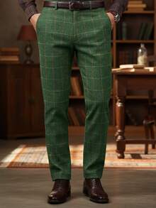 Men's Dress Pants Herringbone Vintage Plaid Classic Fit Siut Separates Slim Stylish Wool Casual Business Suit Pants - 綠色 - 查看 1