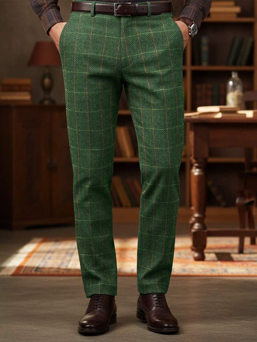 Men's Dress Pants Herringbone Vintage Plaid Classic Fit Siut Separates Slim Stylish Wool Casual Business Suit Pants - 綠色 - 查看 1